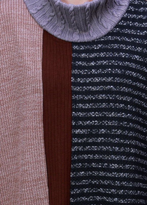 Turtleneck Striped Patchwork Knit Long Sweater Dress Long Sleeve