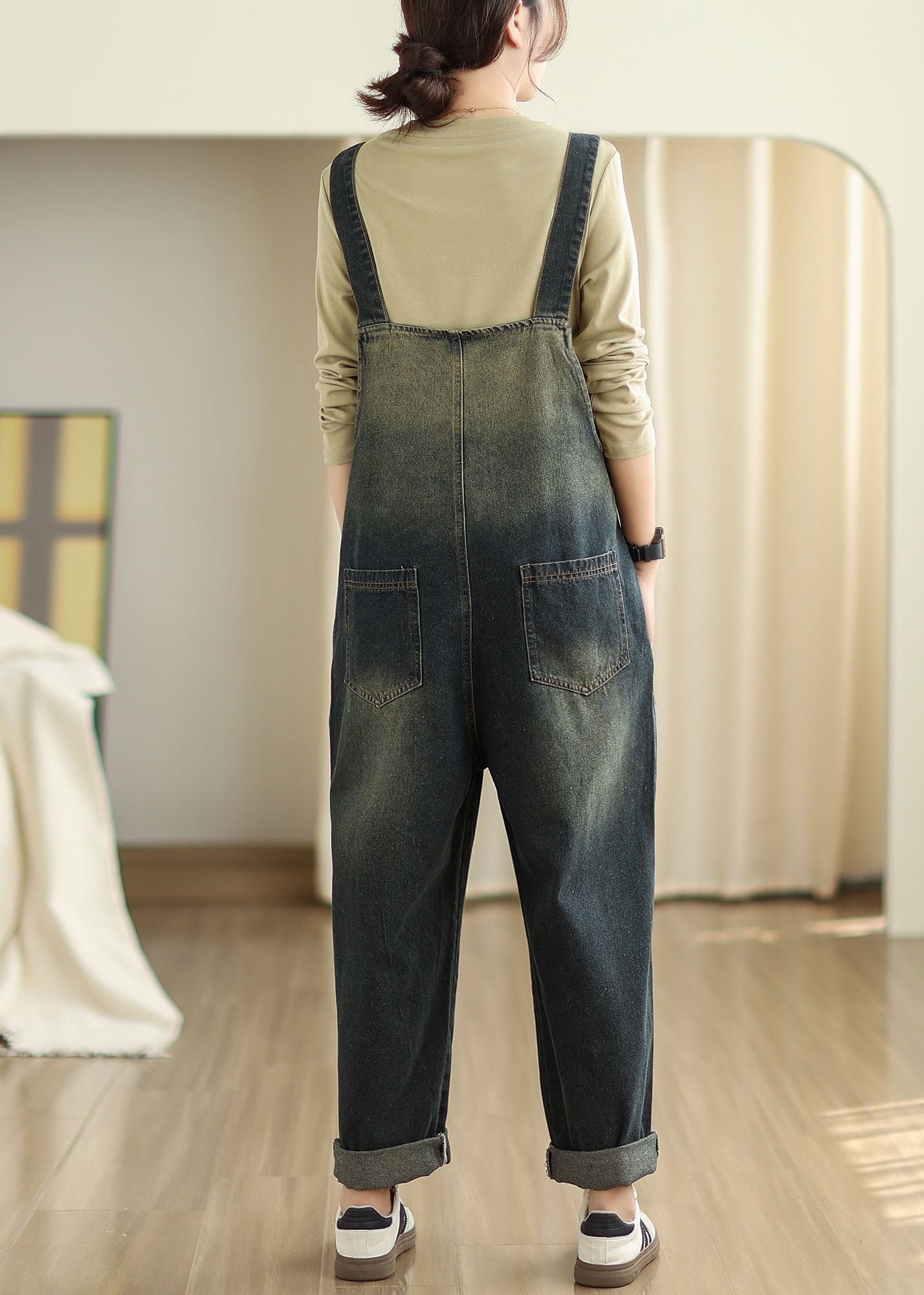Slash Neck Pockets Patchwork Denim Jumpsuits Fall