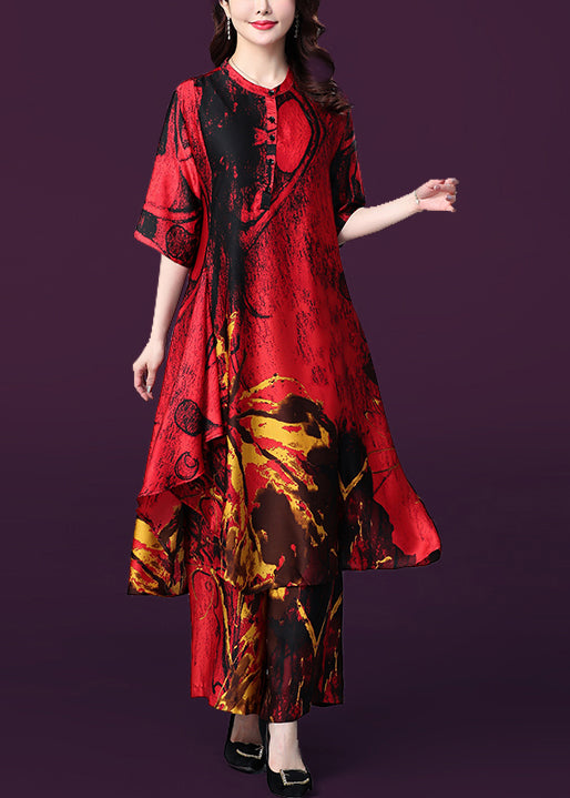 French Red Asymmetrical Design Print Silk Dress and Wide Leg Pants Two Pieces Set Summer