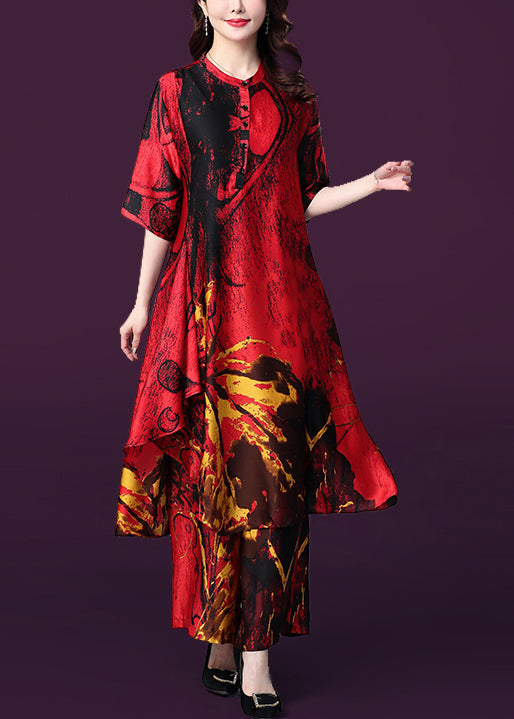 French Red Asymmetrical Design Print Silk Dress and Wide Leg Pants Two Pieces Set Summer