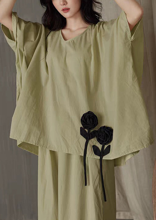 Green T Shirt and Wide Leg Pants Cotton Two Piece Set V Neck Batwing Sleeve