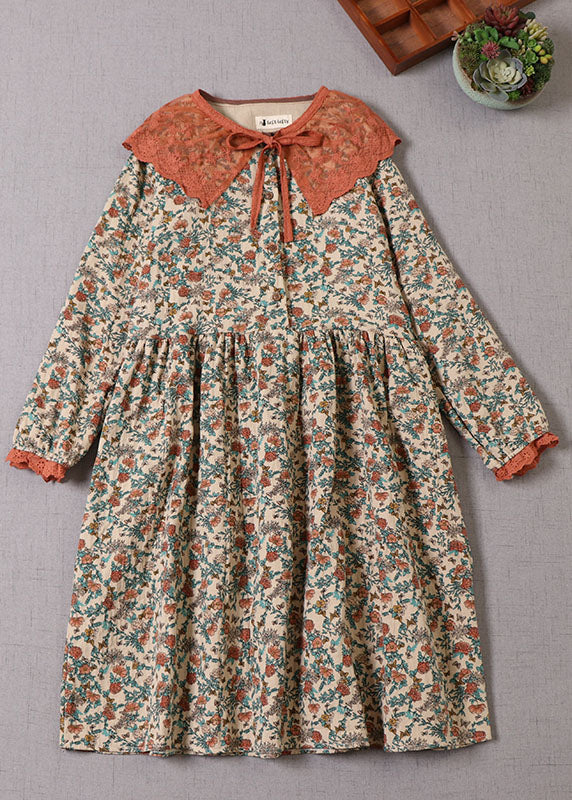Beige Ruffled Print Cotton Dress Long Sleeve