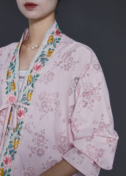 Pink Embroidered Lace Up Silk Cardigans Spring