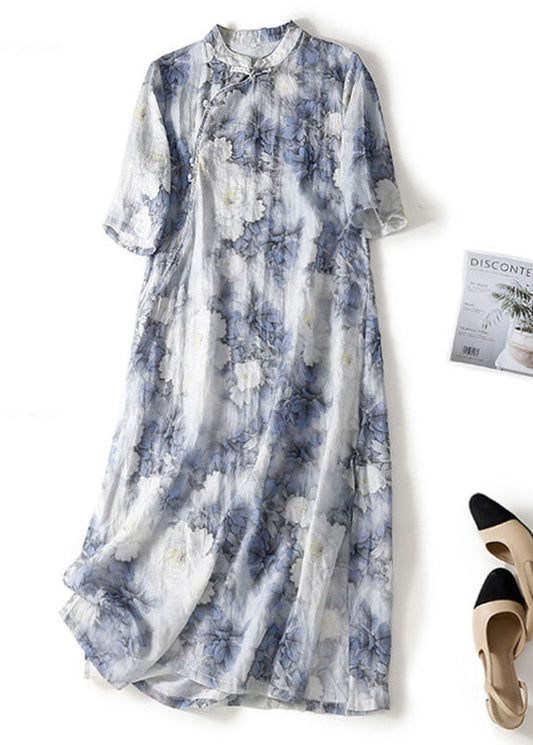 Blue Print Mandarin Collar Cotton Cheongsam Dresses Summer