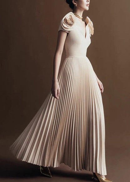Apricot V Neck Wrinkled Cotton Long Dress Summer