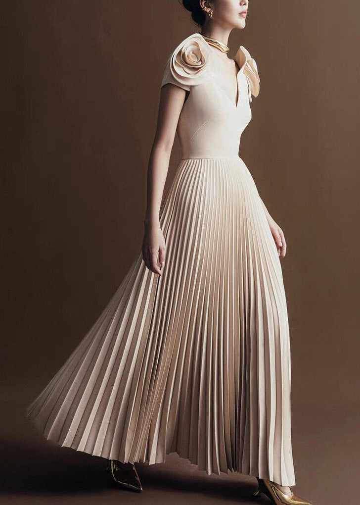 Apricot V Neck Wrinkled Cotton Long Dress Summer