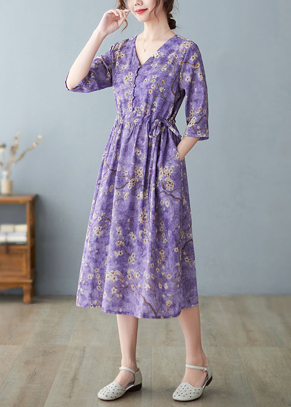 Purple V Neck Drawstring Print Long Dresses Half Sleeve