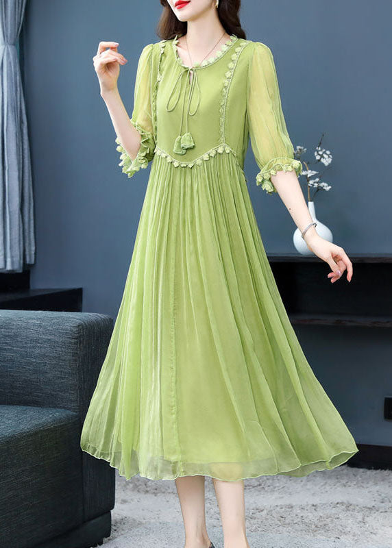 French Green O-neck Lace Up Exra Large Hem Silk Long Dress Half Sleeve