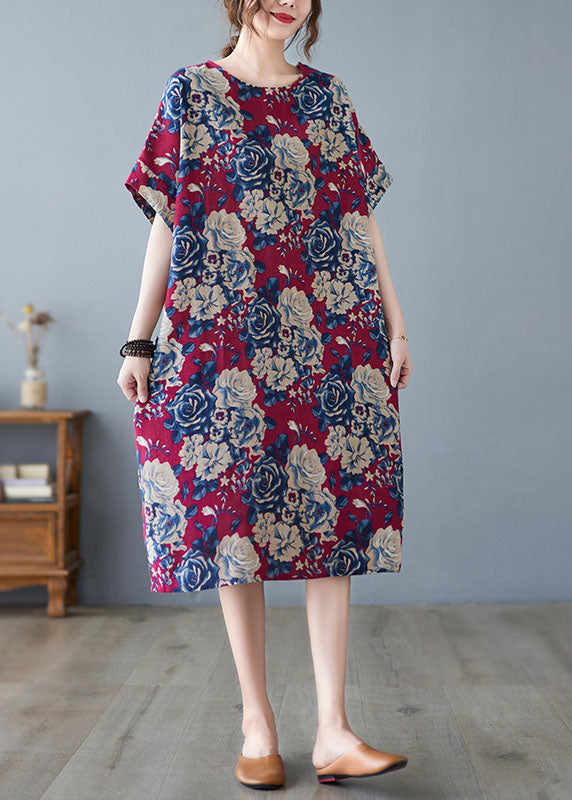 Diy Red O-neck Print Pockets Cotton Holiday Dress Short Sleeve