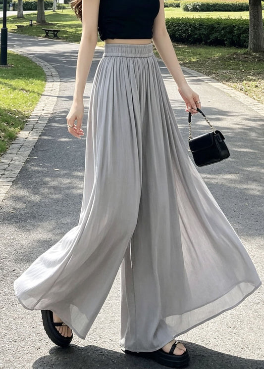 New Grey Elastic Waist Patchwork Linen Silk Wide Leg Pants Summer