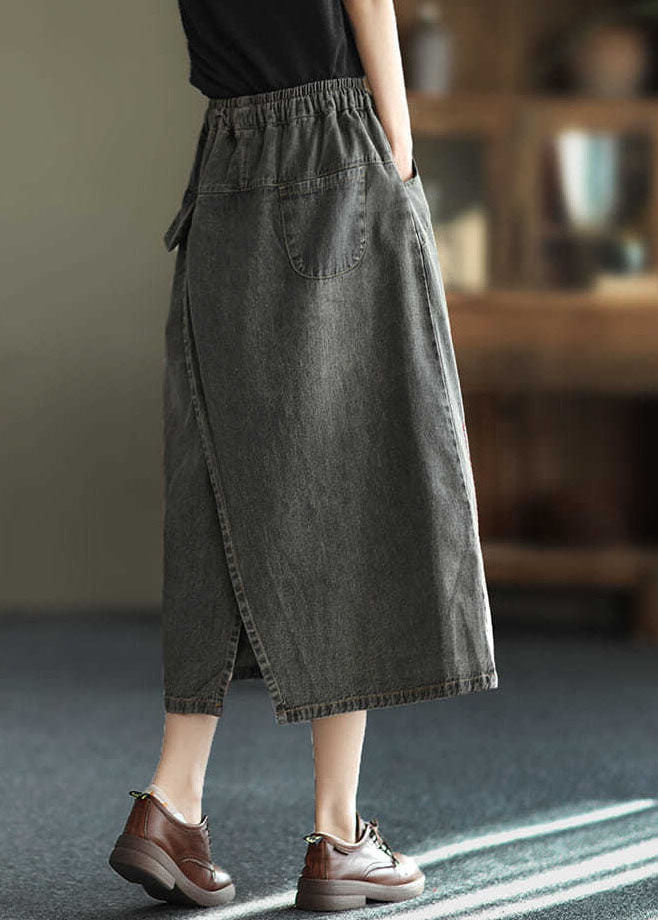 Black Side Open Embroideried Pockets Cotton Denim Ripped Skirt Summer