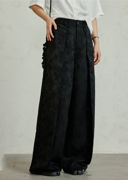 Black Pockets Print High Waist Silk Pants