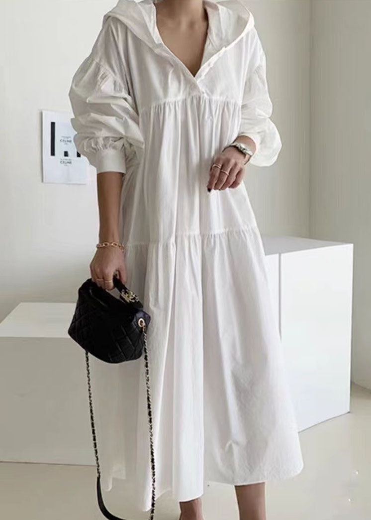 White Hooded Patchwork Cotton Maternity Dresses Spring