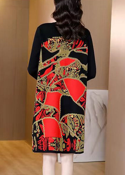 Red Print Patchwork Cotton Knit Mid Dress Winter