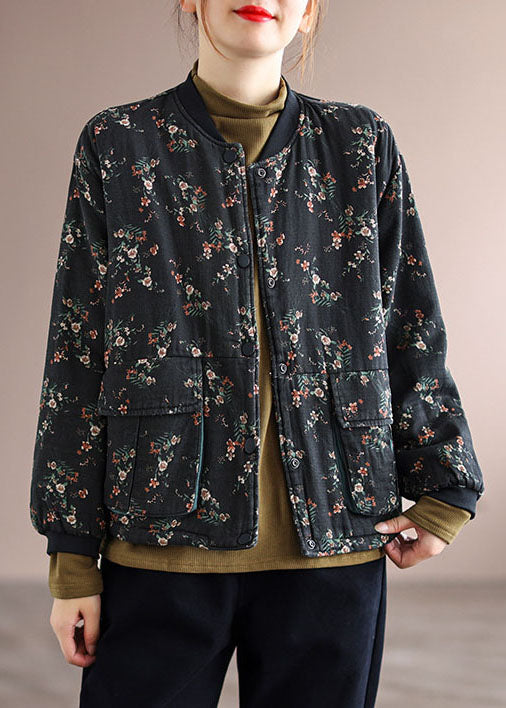 Black Stand Collar Pockets Fine Cotton Filled Jacket Spring