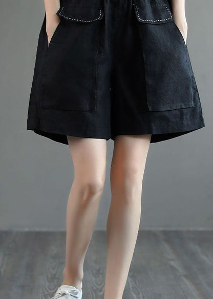Black Pockets Patchwork Linen Shorts Summer