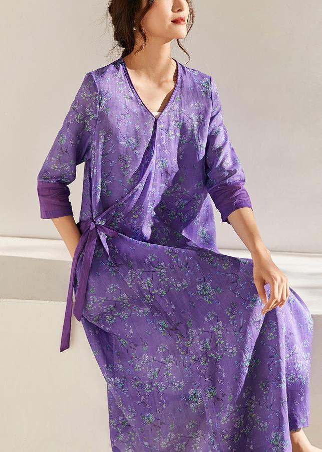 Simple Purple Patchwork Tie Waist Print Summer Ramie Vacation Dress