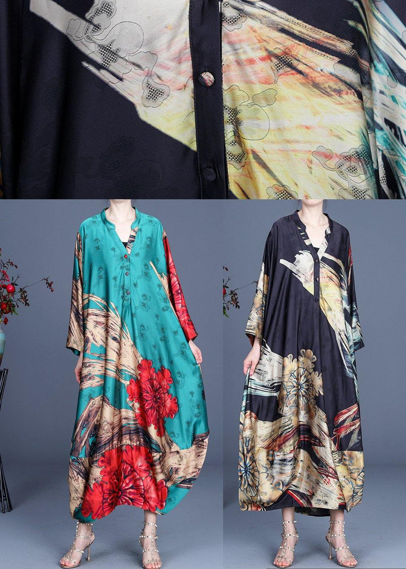 Italian Black Print Button Summer Spring Chiffon Dress