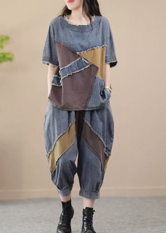 Blue O Neck Patchwork Denim 2 Piece Outfit Summer