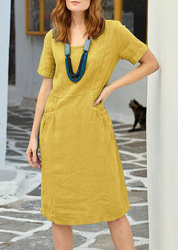 Organic Yellow Patchwork Pockets Long Dress Short Sleeve