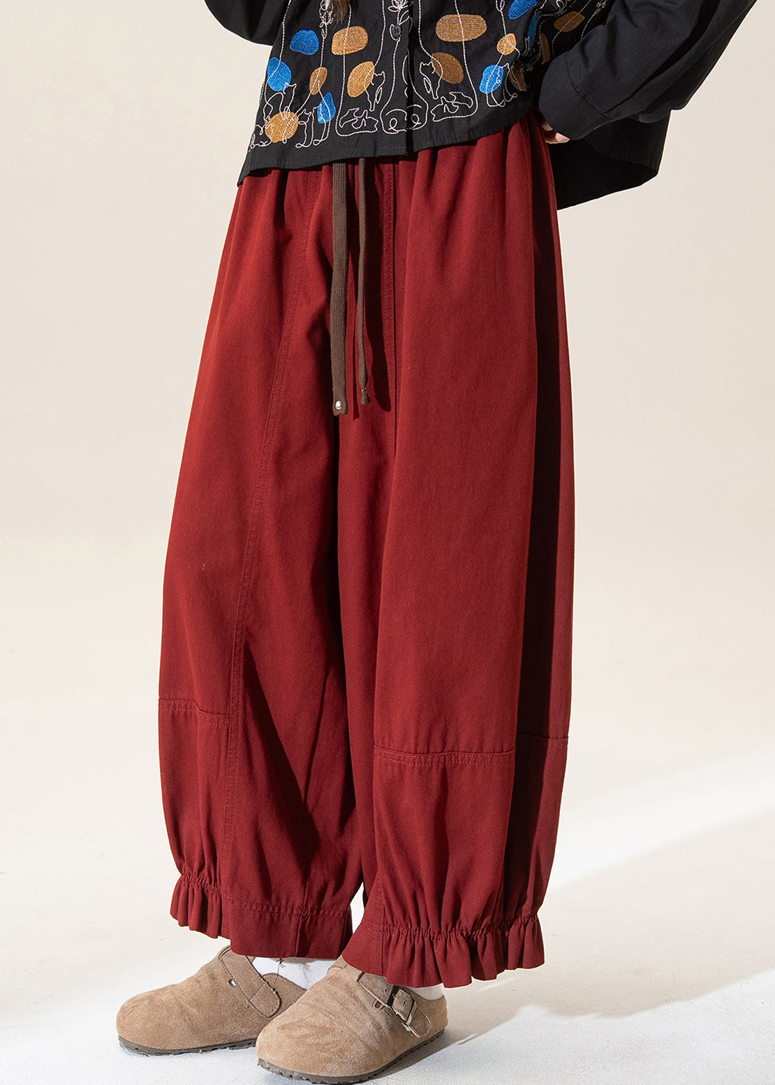 Red Ruffled Patchwork Straight Pants