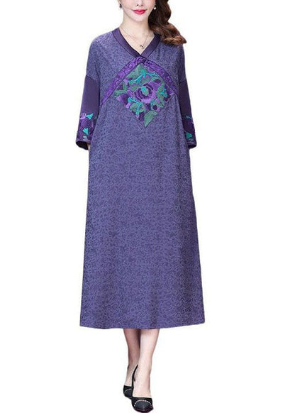 Purple Embroideried Patchwork Silk a Line Dresses Bracelet Sleeve