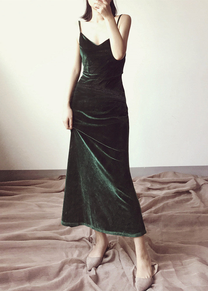 Green V Neck Velour Spaghetti Strap Dress Fall