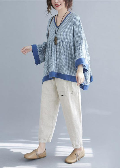 Fine Blue Plaid Patchwork Flare Sleeve Top Spring Summer