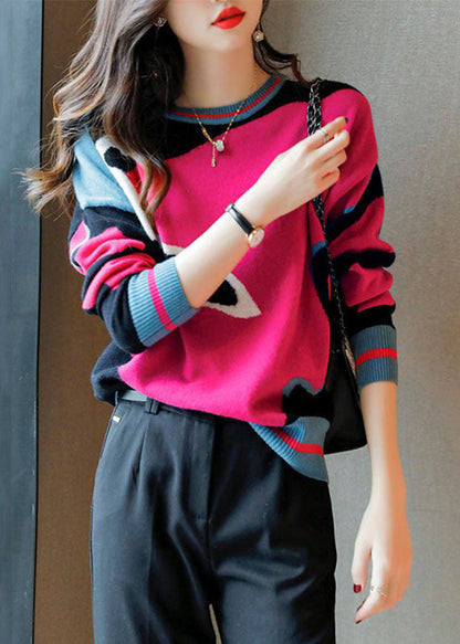 Rose O Neck Patchwork Cozy Wool Knit Sweaters Long Sleeve