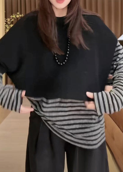 Black O Neck Knit Cape and Striped T Hirt Cotton Two Pieces Set Fall