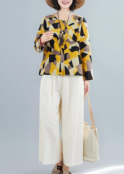 French O Neck Button Down Shirts Inspiration Yellow Geometric Top