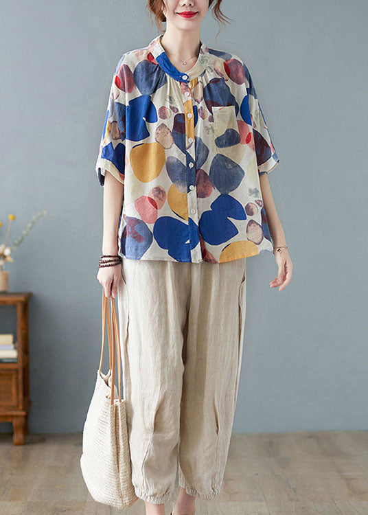 Blue Stand Collar Button Print Fall Half Sleeve Shirt Top