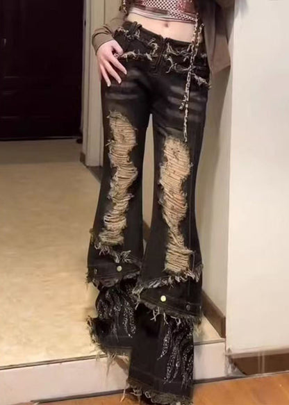 Navy Tasseled Denim Ripped Bell-bottom Trousers Spring
