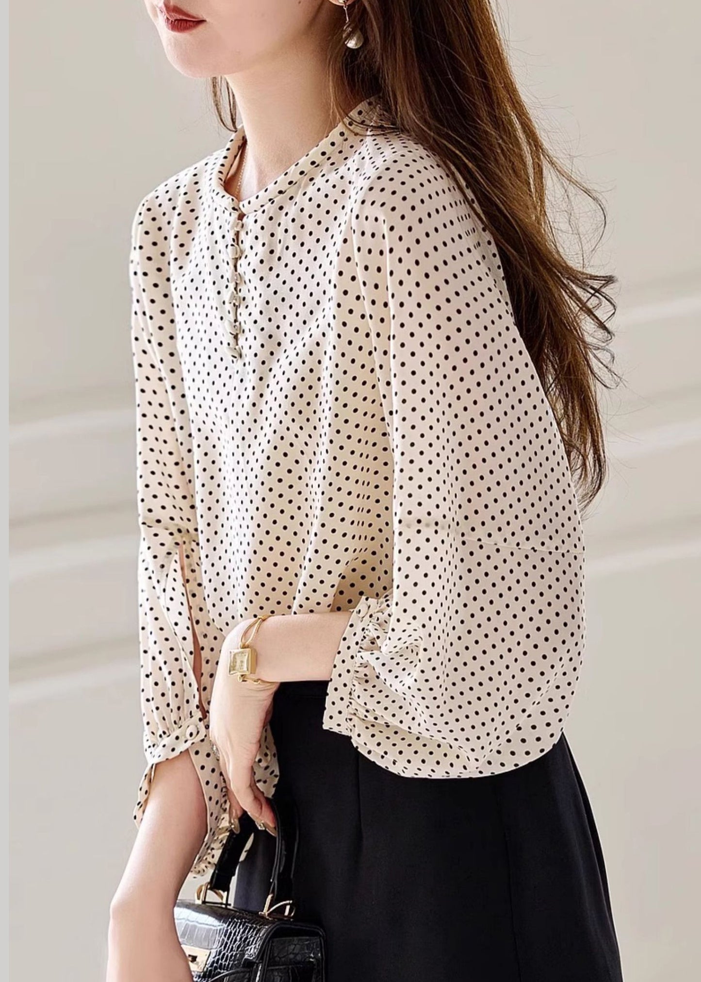 Apricot Dot Print Chiffon Top Long Sleeve
