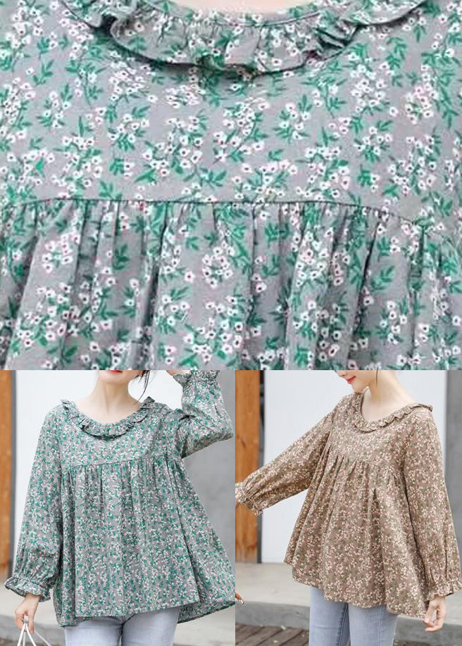 Grey Print Wrinkled Cotton Loose Shirt Top Long Sleeve