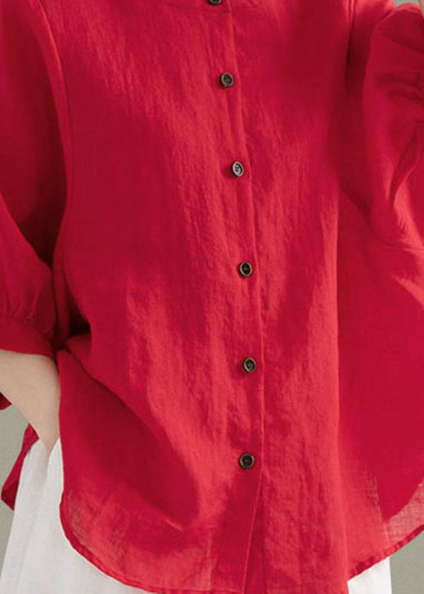 Art White Flowers O-neck Button Linen Loose Shirt Top Lantern Sleeve