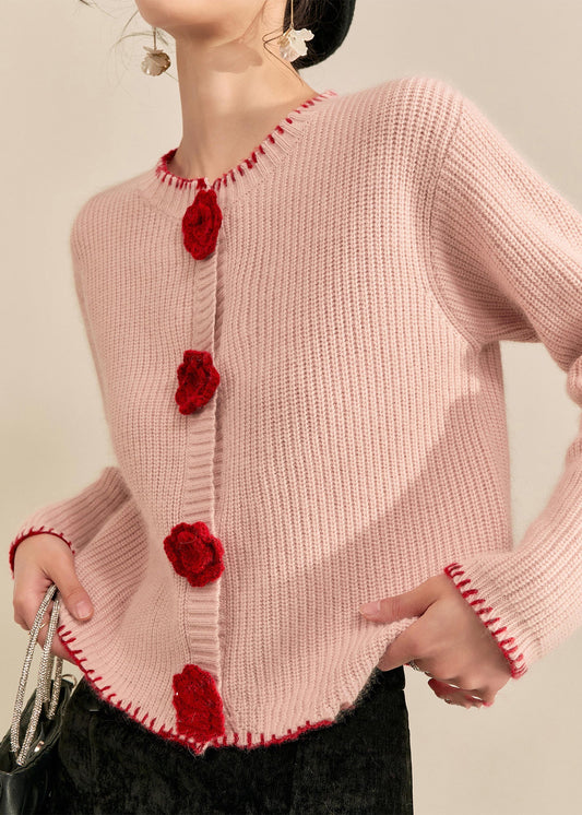 Art Pink Patchwork Button Cotton Knit Cardigan Spring