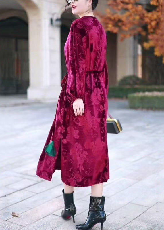 Italian Wine Red V Neck Tie Waist Silk Velour Long Dresses Winter
