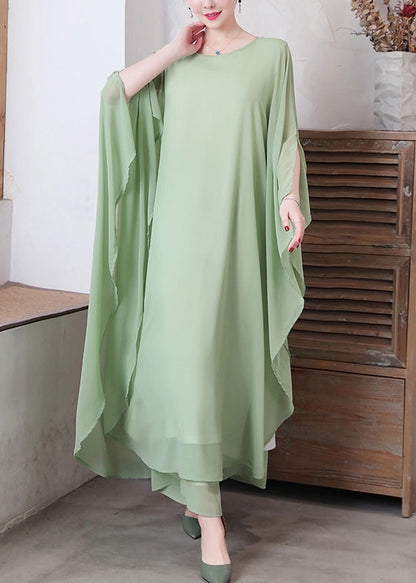 Pea Green Asymmetrical Chiffon Long Dress and Wide Leg Pants Two Pieces Set Spring