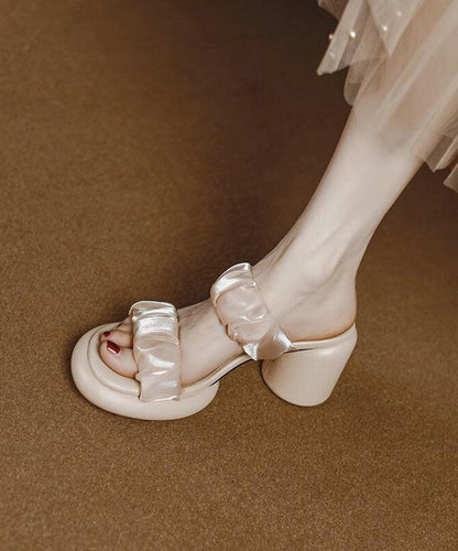 Apricot Peep Toe Tulle Splicing Chunky Slide Sandals