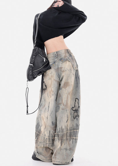 Grey Embroidered Denim Wide Leg Pants Spring