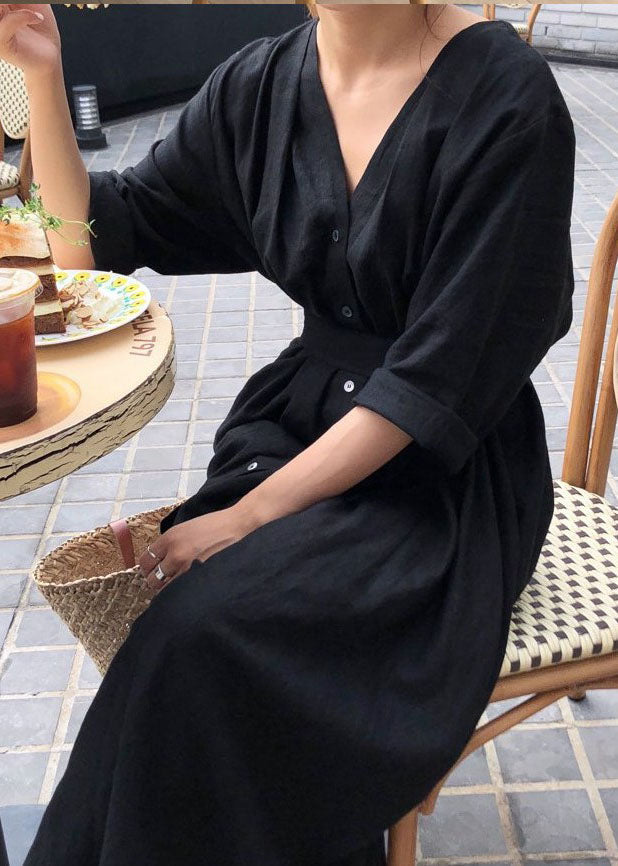 Black Cinched Button Cotton Dress Spring