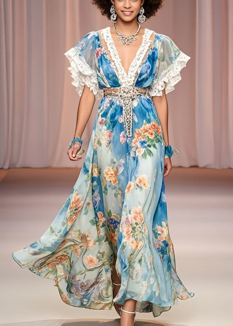 Blue Cinched Print Chiffon Maxi Dress Summer