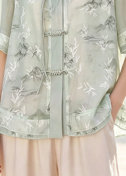 Light Blue Print Chinese Button Chiffon Shirts Summer