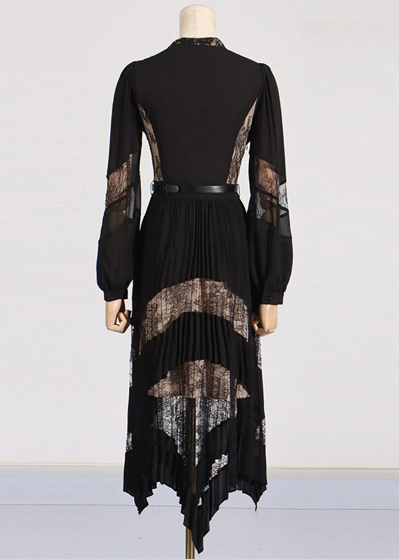 Black V Neck Lace Patchwork Maxi Dresses Puff Sleeve