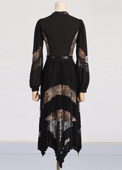 Black V Neck Lace Patchwork Maxi Dresses Puff Sleeve