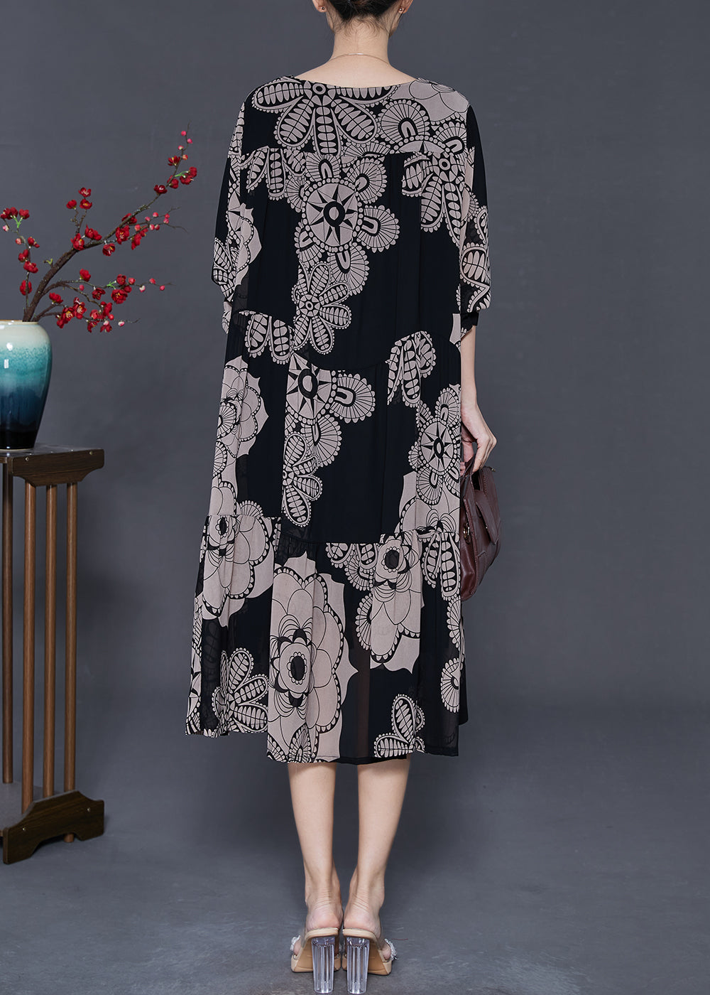 Khaki Oversized Print Chiffon Dresses Fall