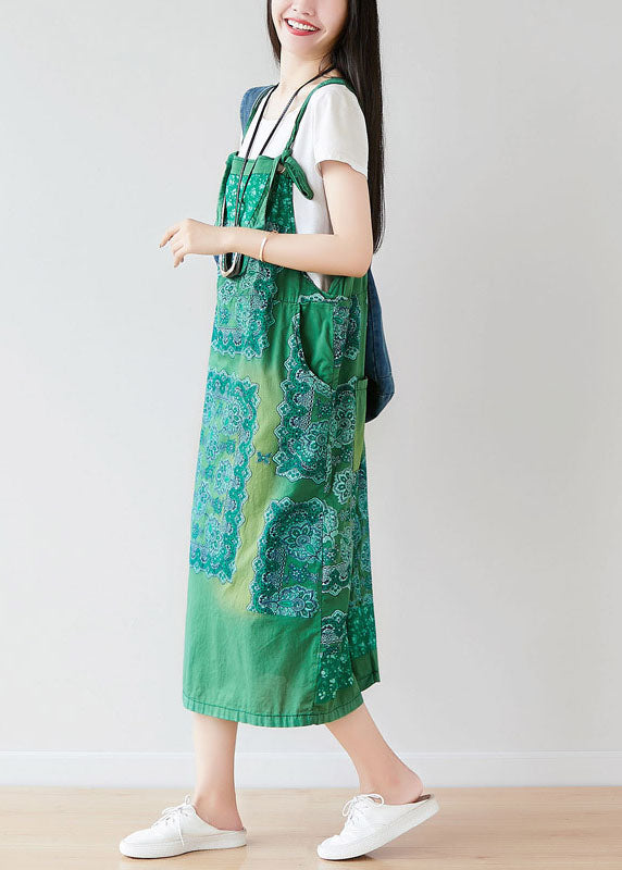 Green Oversized Print Cotton Strap Dress Spring