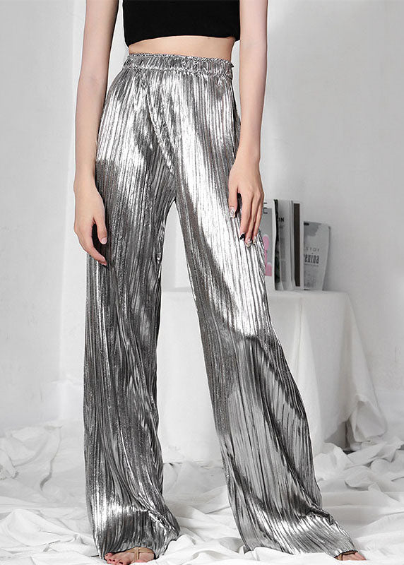Silver Wrinkled Summer Wide Leg Pants