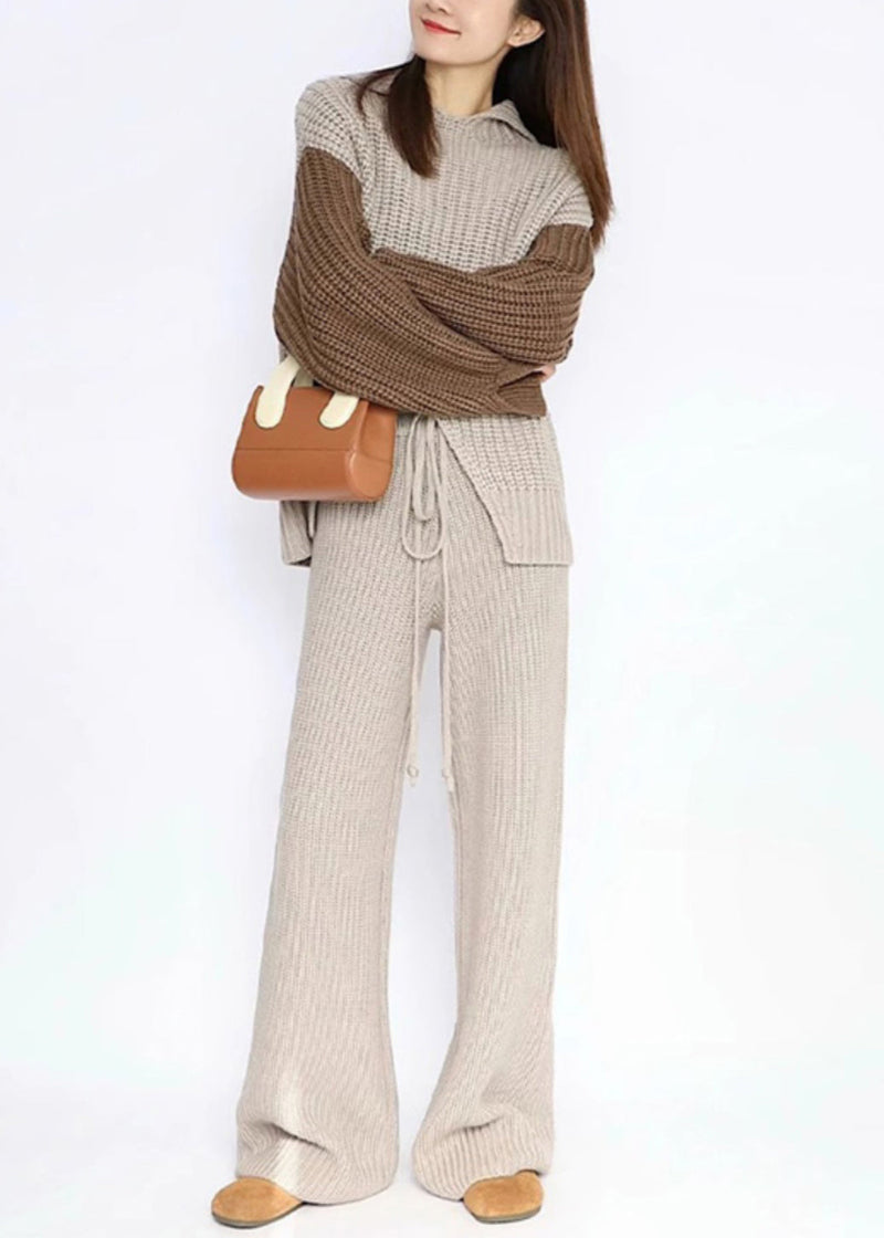 Apricot Asymmetrical Elastic Waist Patchwork Knit Two Piece Set Fall